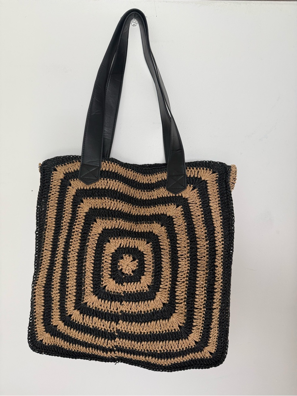 Sun ’N’ Sand Black Tan Woven Geometric Tote Bag Boho Beach Shoulder Bag
